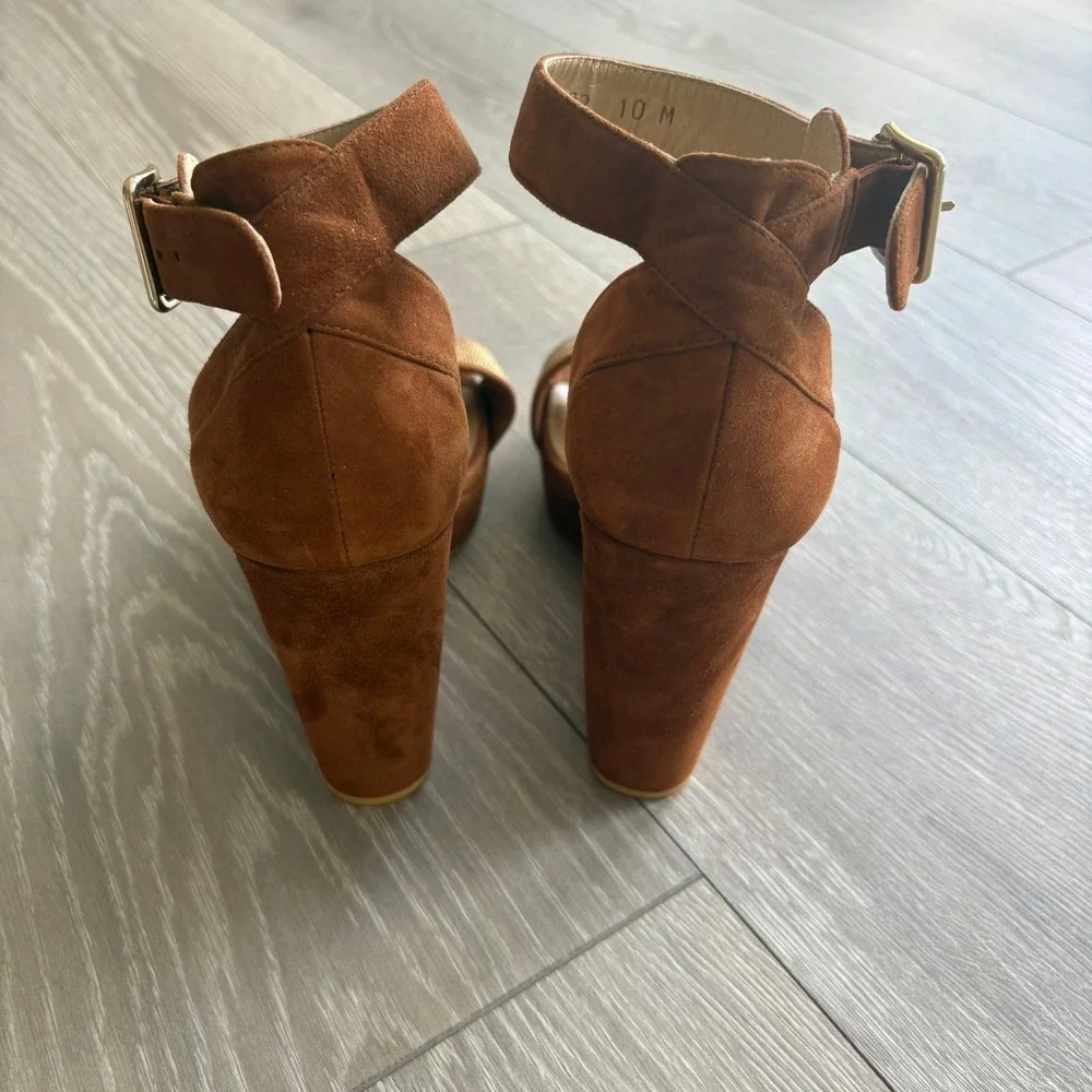 Stuart Weitzman Brown Suede Metallic Bead Wedge Sandals W03192 Womens 10 M